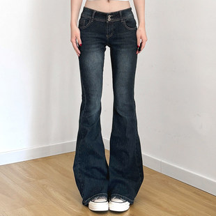 美式 休闲喇叭裤 复古 女修身 深蓝色低腰洗水显瘦牛仔裤 ROCKMORE