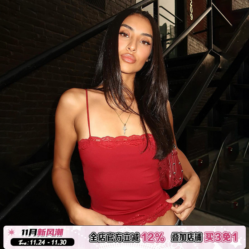 美式复古红色蕾丝拼接背心