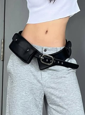 ROCKMORE【美式街头】多功能口袋铆钉PU皮革腰封酷帅休闲黑色皮带