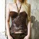 串珠复古挂脖植系印花棕色吊带修身 ROCKMORE 古早辣妹 性感背心