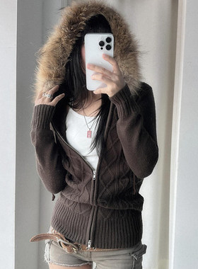 ROCKMORE【基础百搭】棕色毛领连帽麻花长袖外套修身拉链针织毛衫