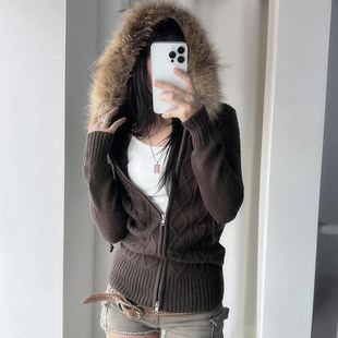 拉链针织毛衫 ROCKMORE 外套修身 棕色毛领连帽麻花长袖 基础百搭