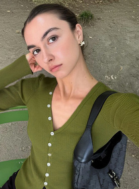 ROCKMORE【欧美气质】绿色优雅排扣V领针织T恤修身显瘦长袖上衣女