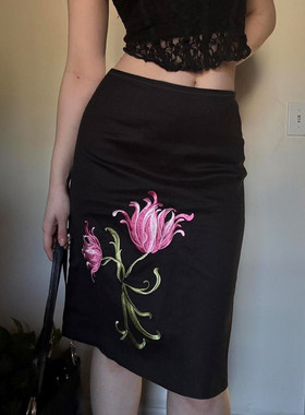 ROCKMORE【清冷古早】撞色花卉刺绣黑色半裙vintage气质韵味短裙