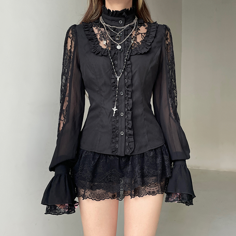 蕾丝拼接泡泡长袖黑色衬衫