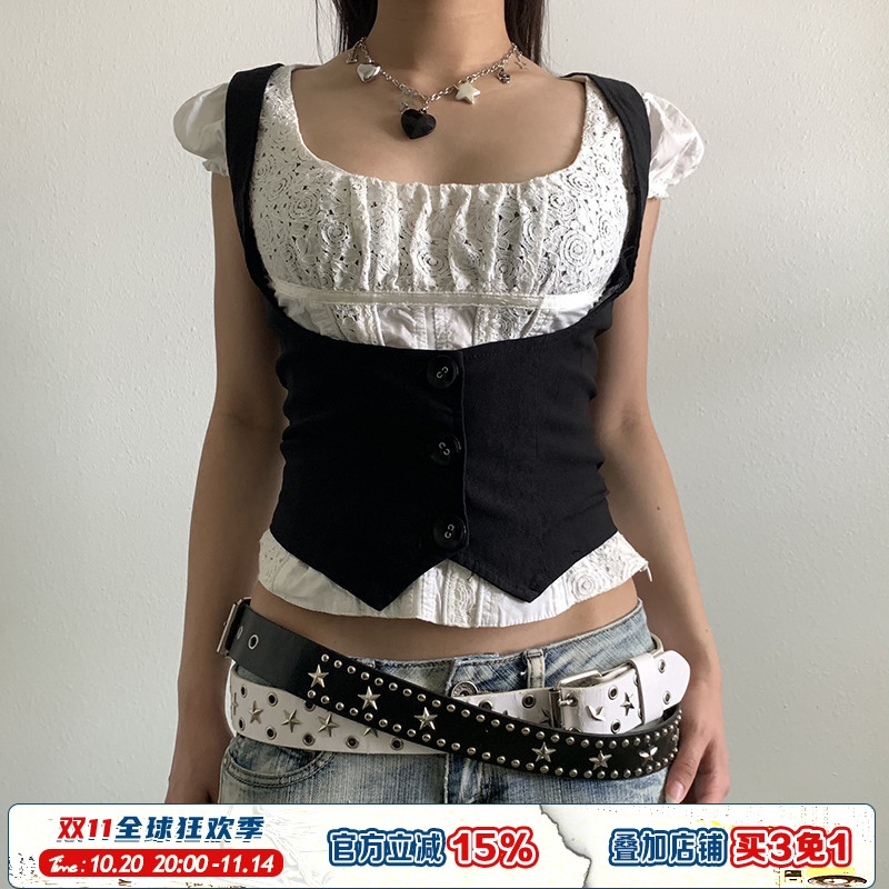 复古90s英伦风黑色排扣马甲女
