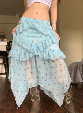 ROCKMORE【夏日悸动】不规则碎花荷叶边拼接半身裙蓝色设计感长裙