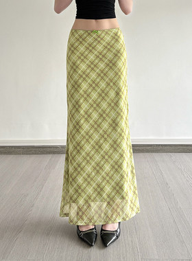 ROCKMORE【夏日清新】学院风绿色格子半身裙低腰修身雪纺中长裙女