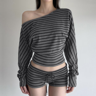 灰色条纹斜肩长袖 休闲 T恤女 系带松紧腰短裤 ROCKMORE 套装 美式