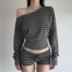 美式 系带松紧腰短裤 休闲 ROCKMORE 灰色条纹斜肩长袖 T恤女 套装
