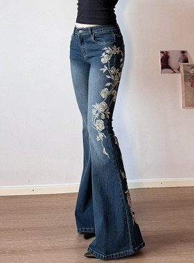 ROCKMORE【古着艺术】vintage玫瑰刺绣修身牛仔裤蓝色显瘦喇叭裤