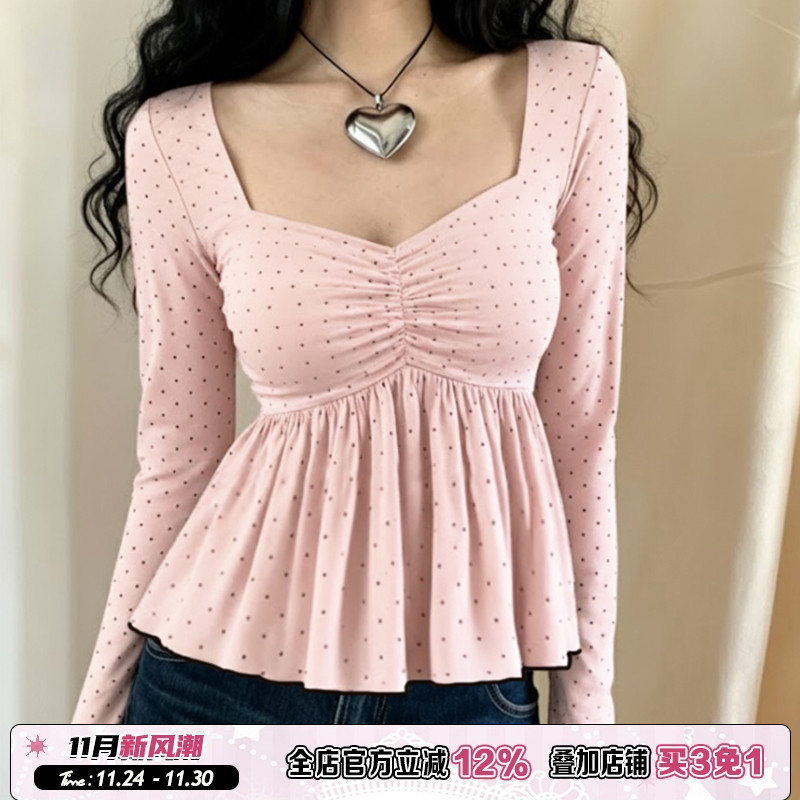 粉色波点褶皱收腰长袖T恤女