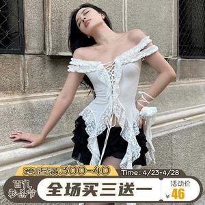 ROCKMORE【流浪诗人】性感度假风蕾丝飘带显瘦抹胸女纯欲绑带上衣