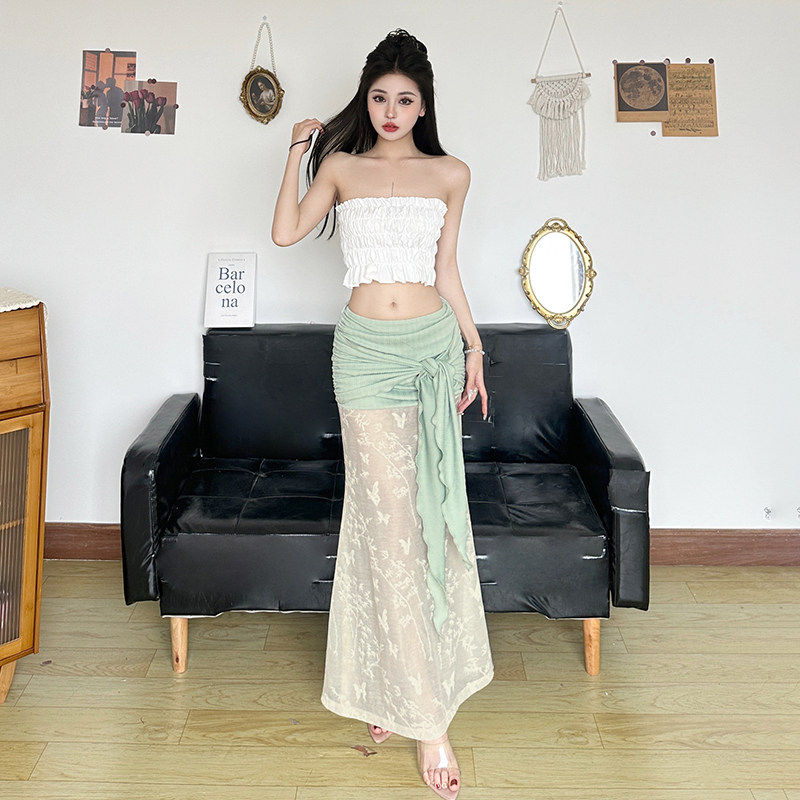 ROCKMORE【清雅绿色】度假绑带设计蕾丝拼接半裙性感海边网纱长裙