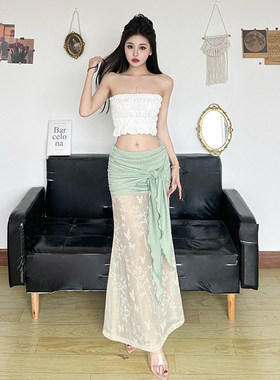 ROCKMORE【清雅绿色】度假绑带设计蕾丝拼接半裙性感海边网纱长裙