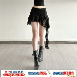 A字裙 黑色荷叶边不规则飘带半身裙低腰修身 ROCKMORE 禁欲性感