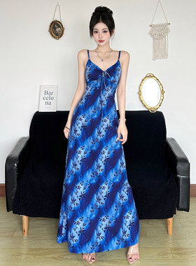 ROCKMORE【热浪岛屿】蓝色渐变印花晕染吊带连衣裙 度假修身A字裙