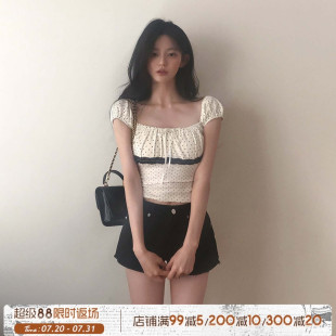 短上衣 ROCKMORE 韩系少女 蝴蝶结波点蕾丝拼接方领T恤 白色修身