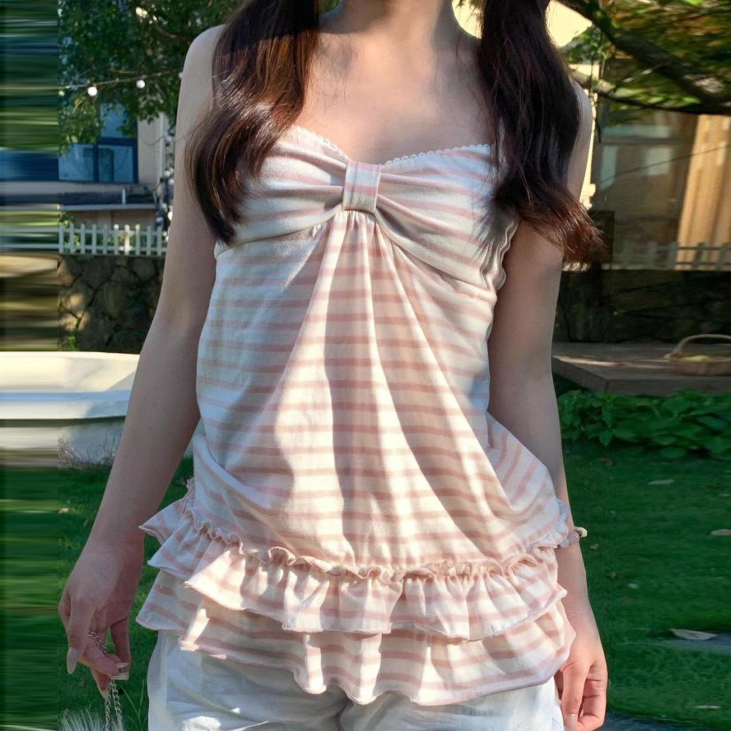 ROCKMORE【青春味道】少女粉色条纹荷叶边下摆吊带蝴蝶结胸型背心,女装/女士精品,背心吊带,淘宝优惠券,粉丝福利购,淘宝优惠卷