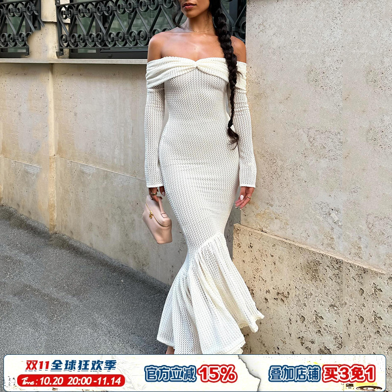白色一字肩性感长袖连衣裙