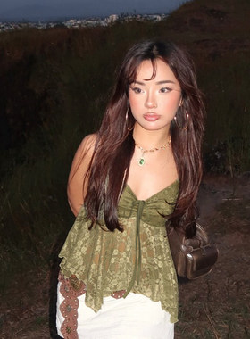 ROCKMORE【森系辣妹】绿色蕾丝性感不规则吊带vintage古着小背心