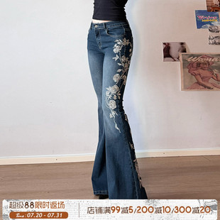 牛仔褲 ROCKMORE 古著藝術(shù) vintage玫瑰刺繡修身 藍(lán)色顯瘦喇叭褲