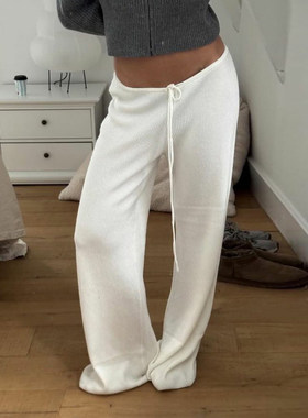 ROCKMORE【美式极简风】白色垂感系带阔腿针织裤秋冬螺纹休闲长裤