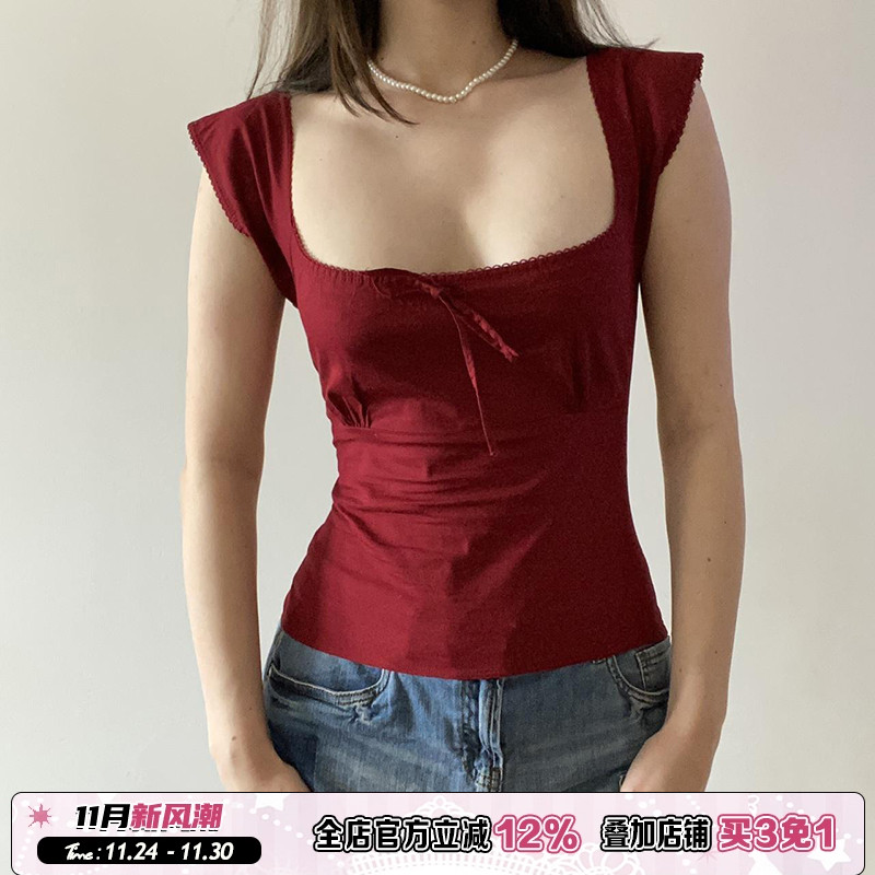 复古红色蝴蝶结系带方领短T恤女