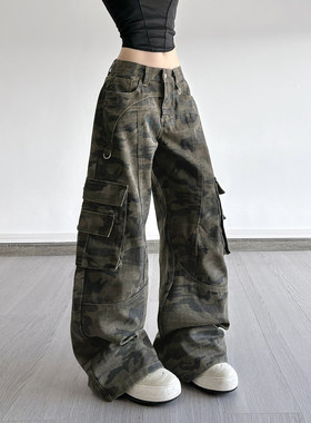 ROCKMORE【美式街头】军绿色迷彩印花口袋工装裤酷帅休闲牛仔裤女