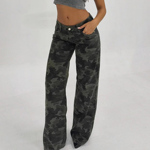 美式 女小众百搭长裤 工装 迷彩色低腰显瘦阔腿牛仔裤 风 ROCKMORE