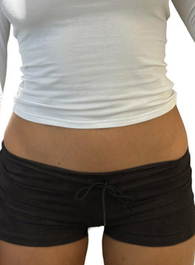 ROCKMORE【美式基础】系带松紧腰黑色紧身休闲裤低腰显瘦瑜伽短裤