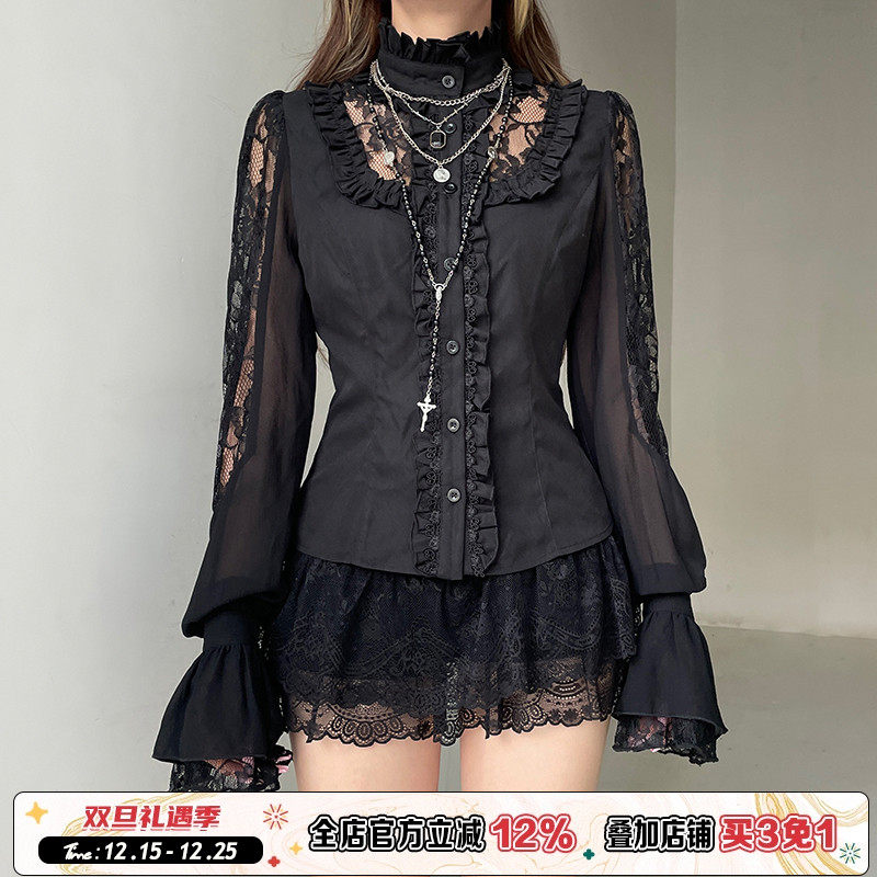ROCKMORE【法式宫廷风】蕾丝拼接泡泡长袖黑色衬衫木耳边排扣上衣