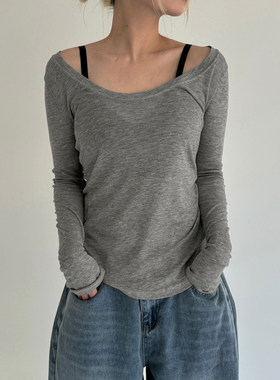 ROCKMORE【极简气质】U领灰色轻薄百搭休闲T恤辣妹长袖露肩罩衫女