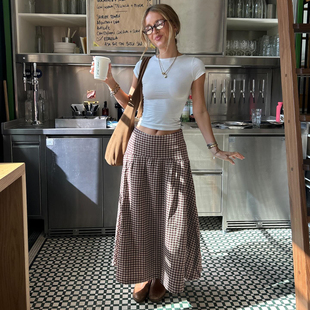 ROCKMORE 棕色格纹慵懒感宽松半身裙女低腰百搭长裙 复古文艺风