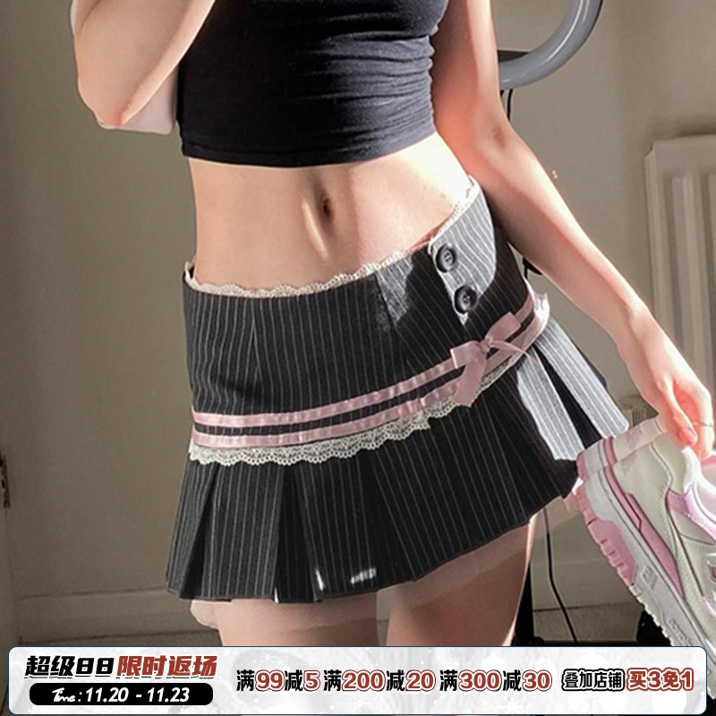 美校复古撞色蝴蝶结蕾丝半身裙