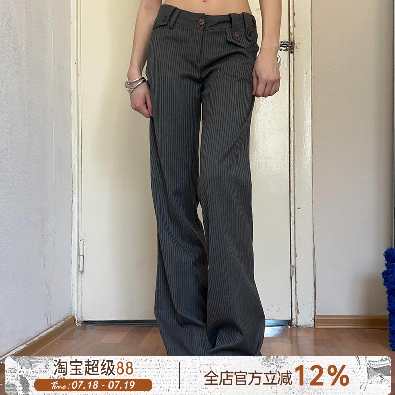 通勤风灰色条纹显瘦休闲裤