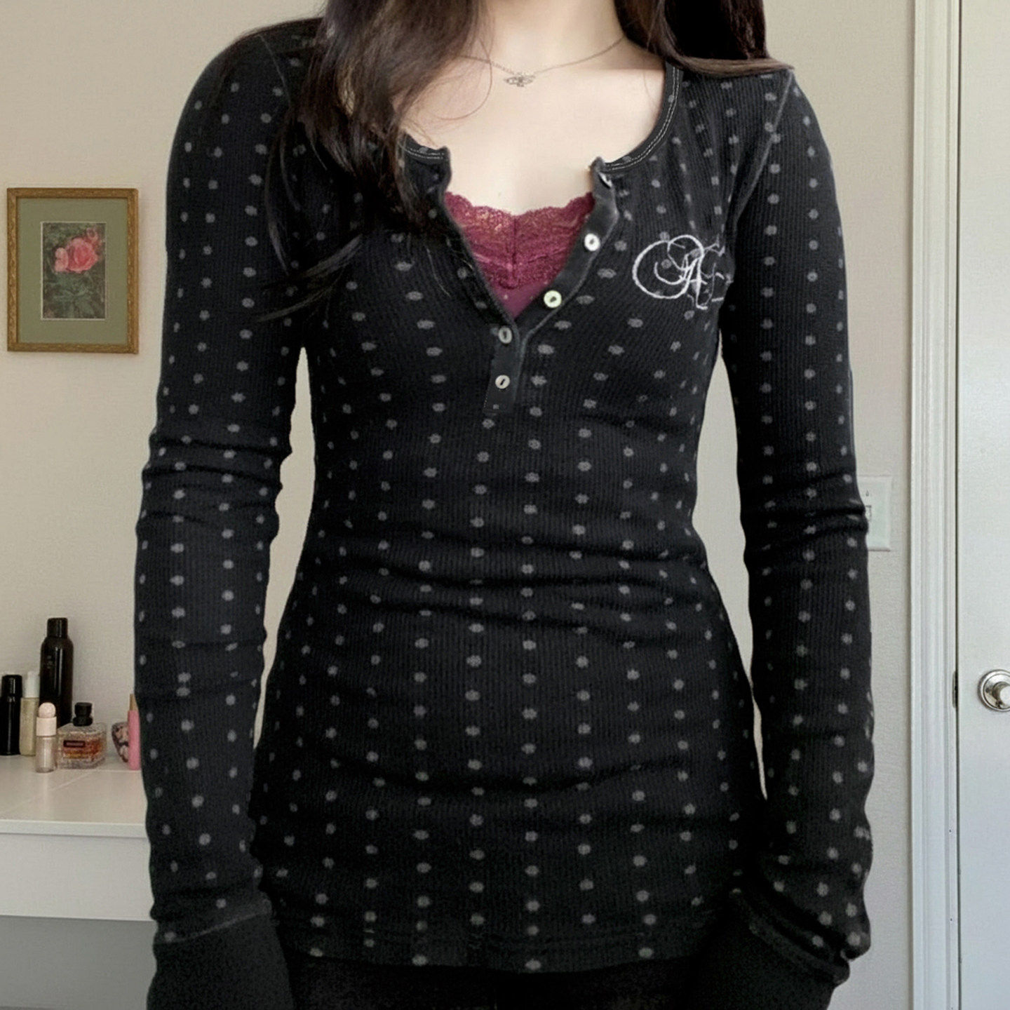 ROCKMORE【日系复古】黑色圆领波点元素长袖T恤女 修身显瘦打底衫