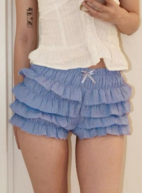 ROCKMORE【甜美小仙女】复古蓝色格子少女感蛋糕裙裤百搭休闲短裤