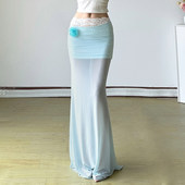 立体花装 ROCKMORE 多巴胺盛夏 饰蓝色网纱度假裙蕾丝拼接包臀裙