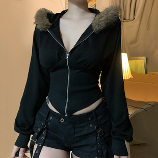 毛毛领拼接收腰不规则卫衣黑色性感短款 辣妹 外套 美式 ROCKMORE