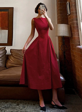 ROCKMORE【公主日记】复古红色无袖背心连衣裙收腰显瘦气质礼服裙