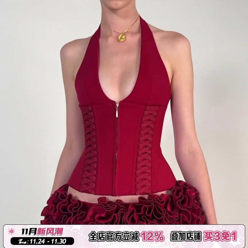 Jennie同款性感鱼骨绑带背心