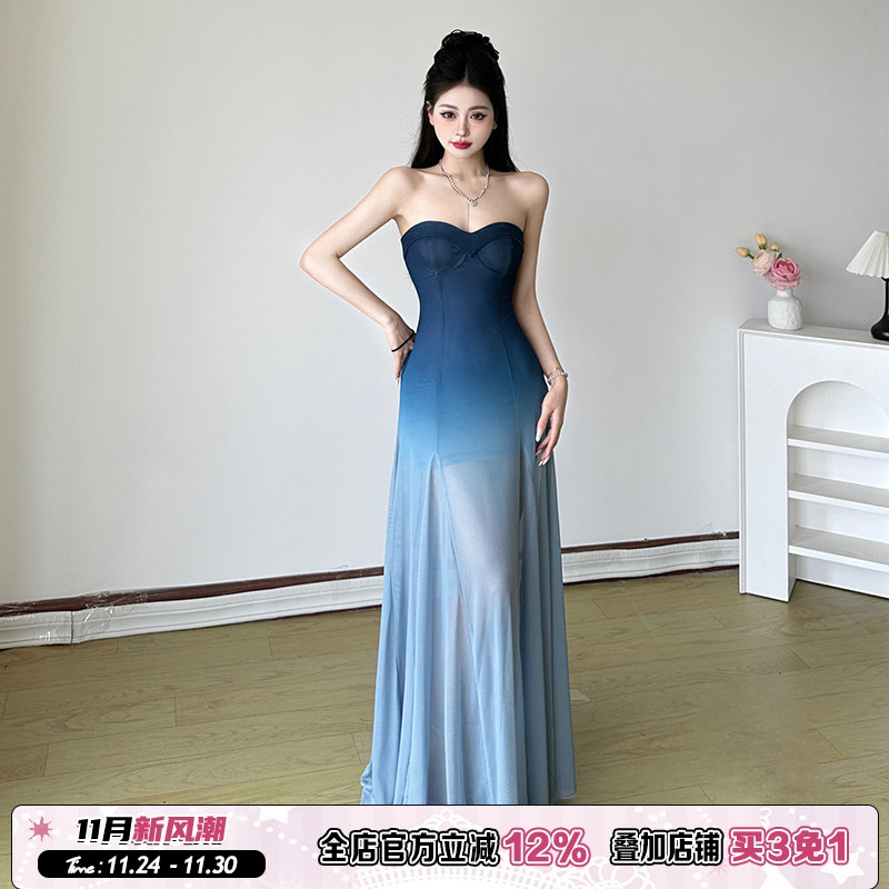 超仙蓝色渐变网纱海岛度假抹胸裙