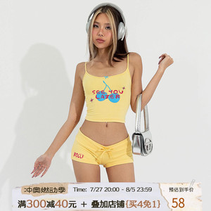 ROCKMORE【夏日阳光】美式复古甜辣风套装黄色印花吊带+休闲短裤
