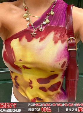 ROCKMORE【泰兰德】度假风花卉印花单肩不规则背心紫色修身短上衣