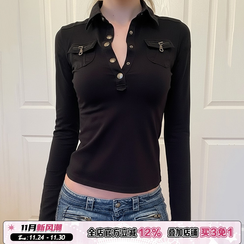 工装风黑色显瘦长袖T恤