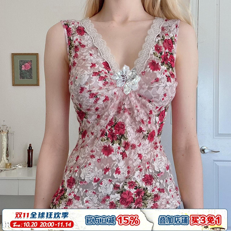 ROCKMORE【古早辣妹】花色深v蕾丝拼接无袖上衣vintage复古背心潮