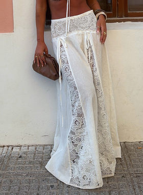 ROCKMORE【法式重工】镂空蕾丝拼接气质半身裙少女蝴蝶结白色长裙