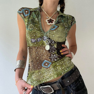 ROCKMORE vintage复古特色印花polo领T恤低胸性感上衣 绿荫鸣蝉