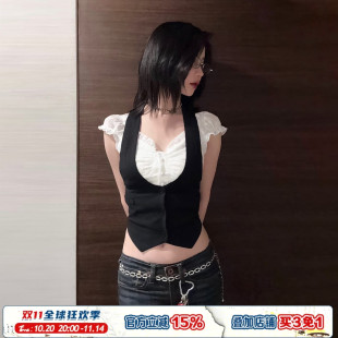 T恤露脐短上衣 学院风黑白撞色假两件拼接短袖 ROCKMORE asa同款